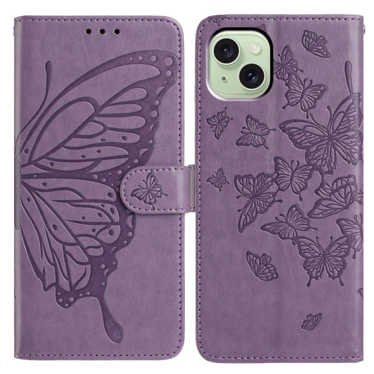 

For iPhone 15 Butterfly Flutter Pattern Embossed Leather Phone Case(Purple)