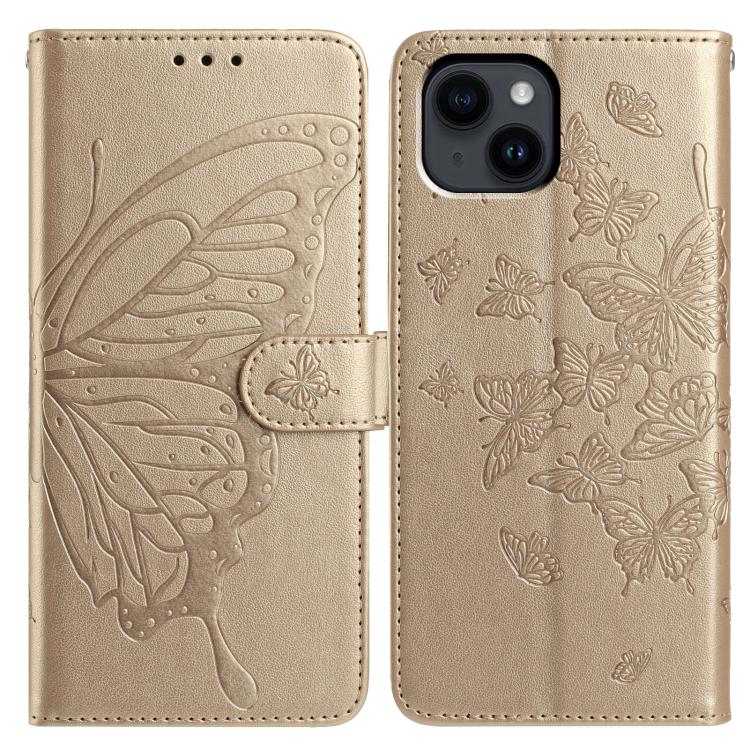 

For iPhone 14 Plus Butterfly Flutter Pattern Embossed Leather Phone Case(Gold)