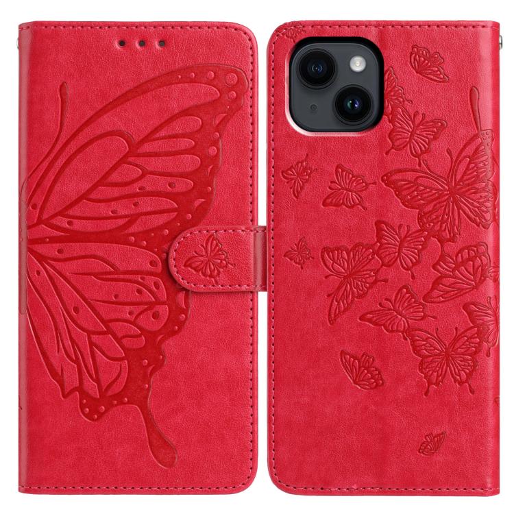 

For iPhone 14 Plus Butterfly Flutter Pattern Embossed Leather Phone Case(Red)