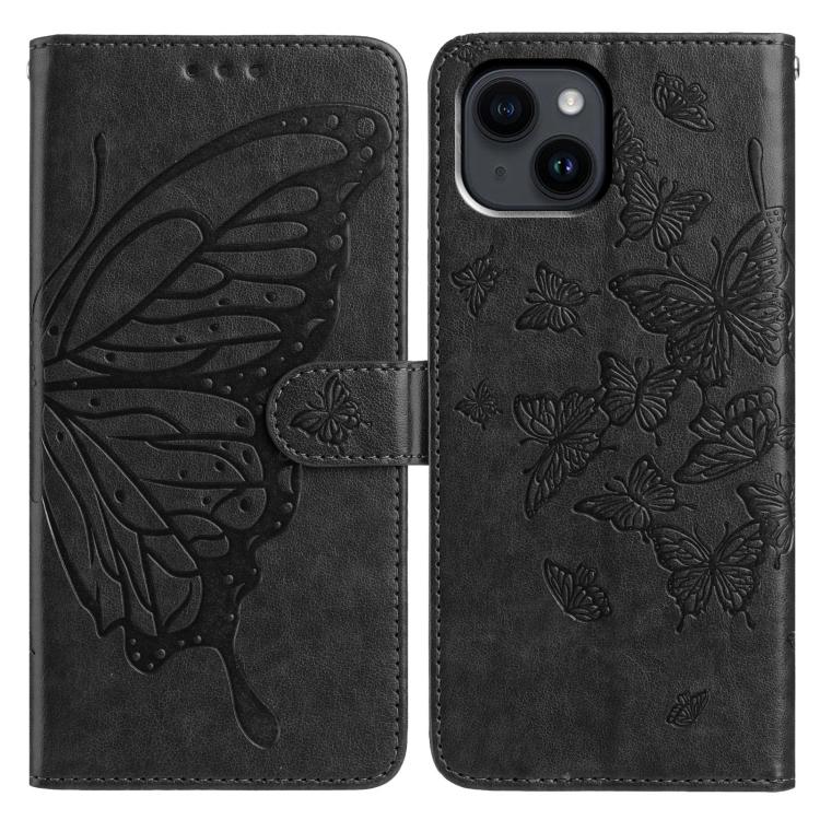

For iPhone 14 Plus Butterfly Flutter Pattern Embossed Leather Phone Case(Black)