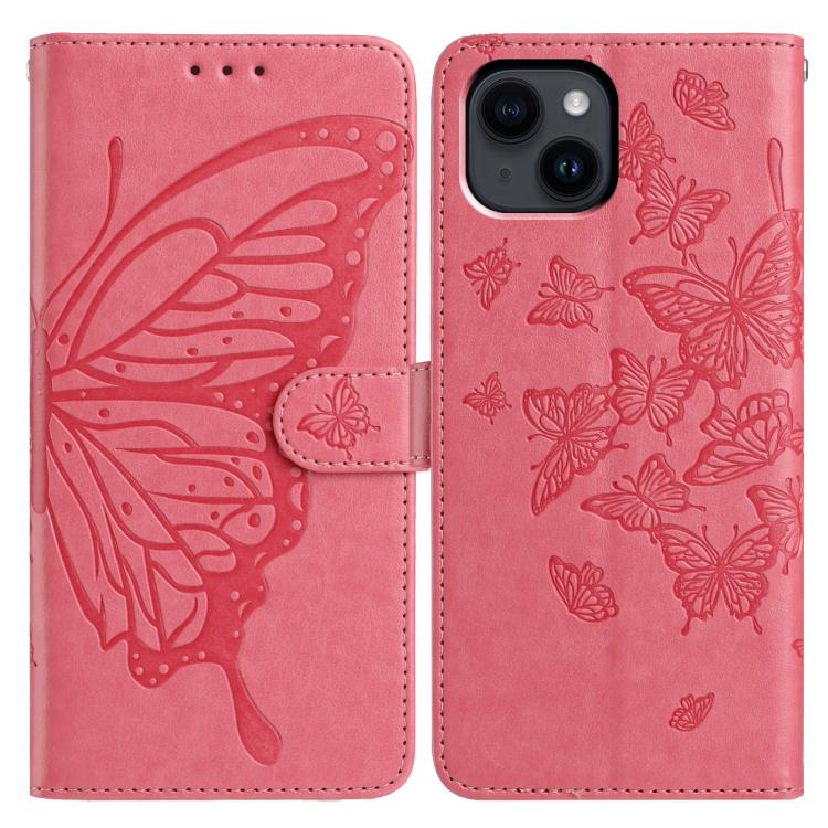 

For iPhone 14 Plus Butterfly Flutter Pattern Embossed Leather Phone Case(Rose Red)