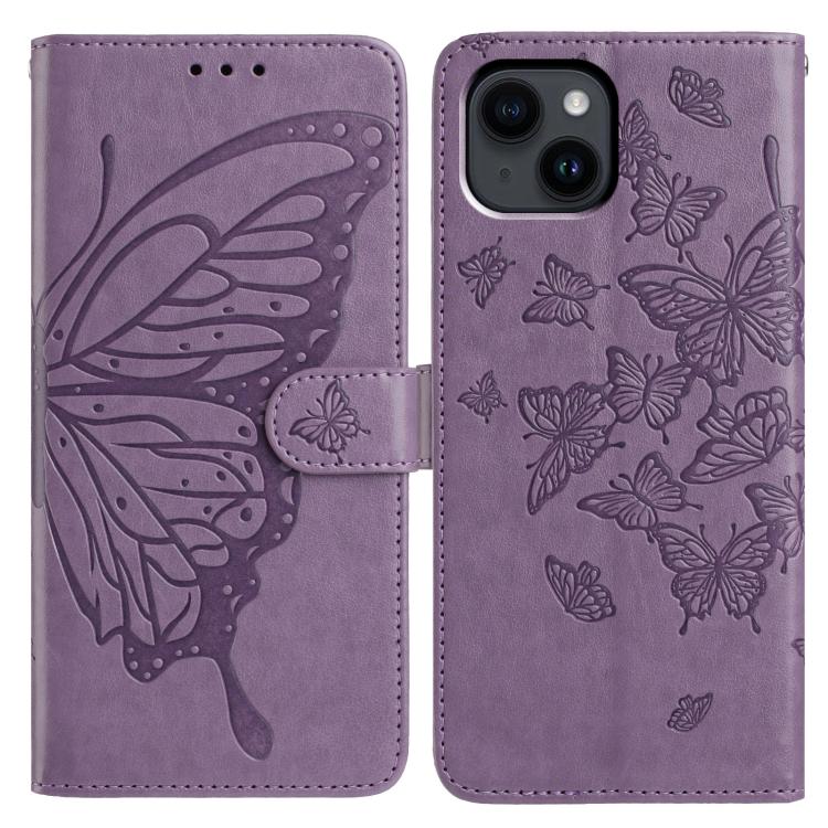 

For iPhone 14 Plus Butterfly Flutter Pattern Embossed Leather Phone Case(Purple)
