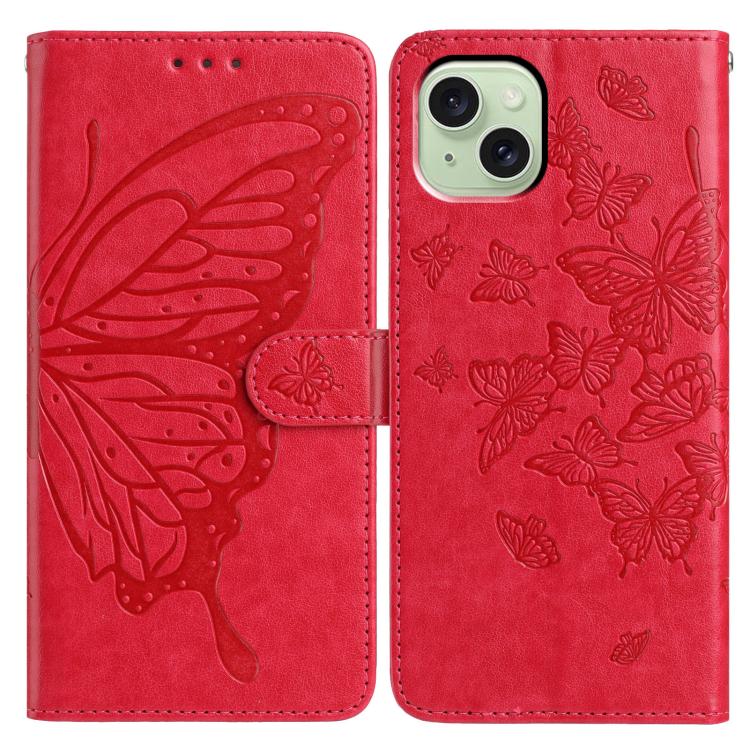 

For iPhone 15 Plus Butterfly Flutter Pattern Embossed Leather Phone Case(Red)