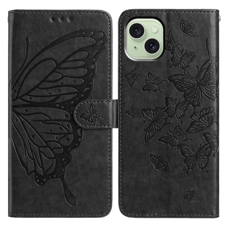 

For iPhone 15 Plus Butterfly Flutter Pattern Embossed Leather Phone Case(Black)