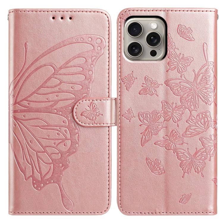

For iPhone 15 Pro Max Butterfly Flutter Pattern Embossed Leather Phone Case(Rose Gold)