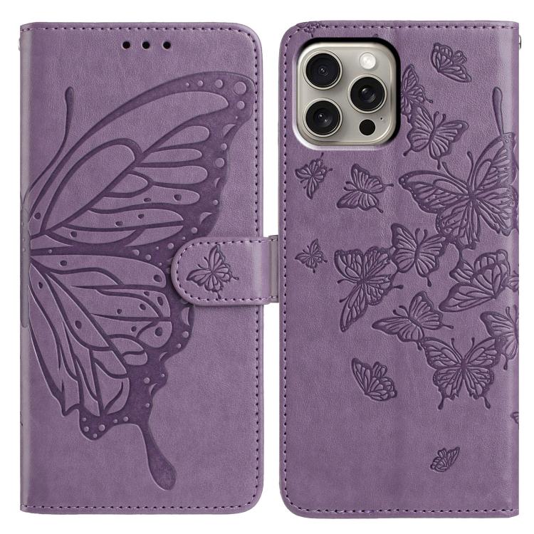 

For iPhone 15 Pro Max Butterfly Flutter Pattern Embossed Leather Phone Case(Purple)