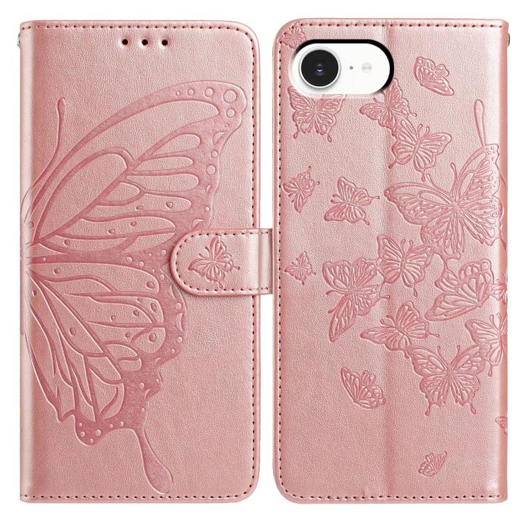 

For iPhone 16e Butterfly Flutter Pattern Embossed Leather Phone Case(Rose Gold)