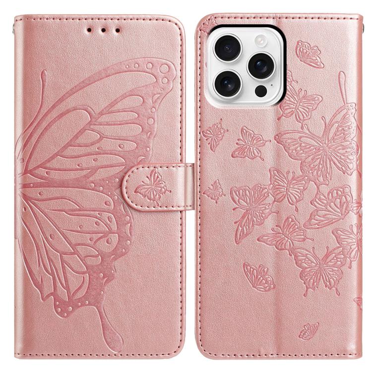 

For iPhone 16 Pro Butterfly Flutter Pattern Embossed Leather Phone Case(Rose Gold)