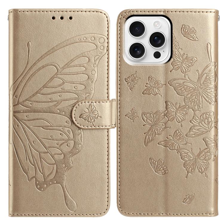 

For iPhone 16 Pro Butterfly Flutter Pattern Embossed Leather Phone Case(Gold)