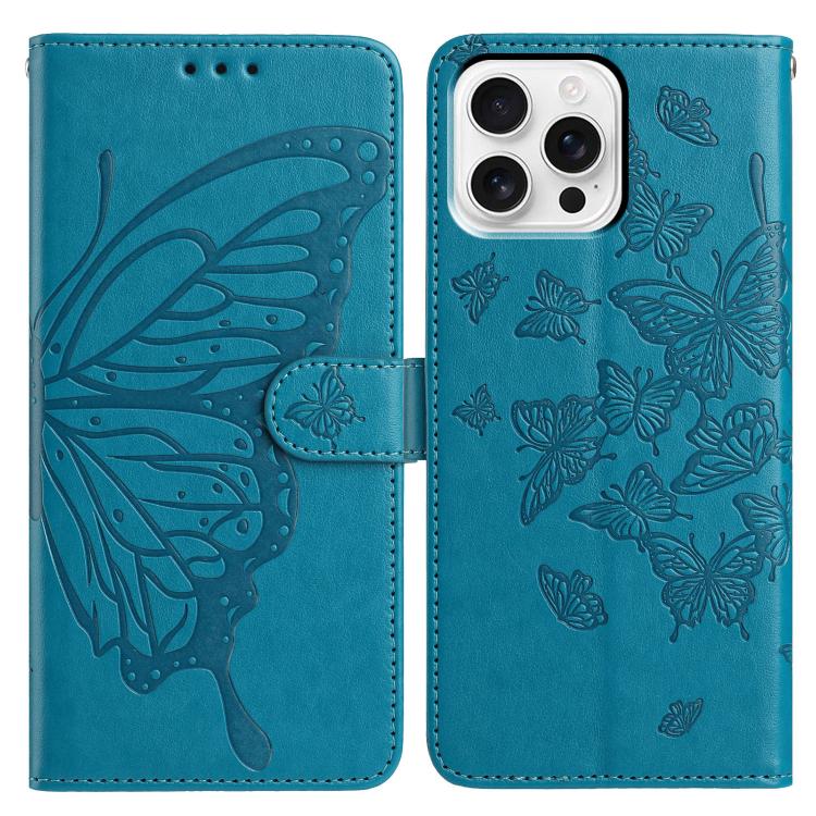 

For iPhone 16 Pro Butterfly Flutter Pattern Embossed Leather Phone Case(Blue)