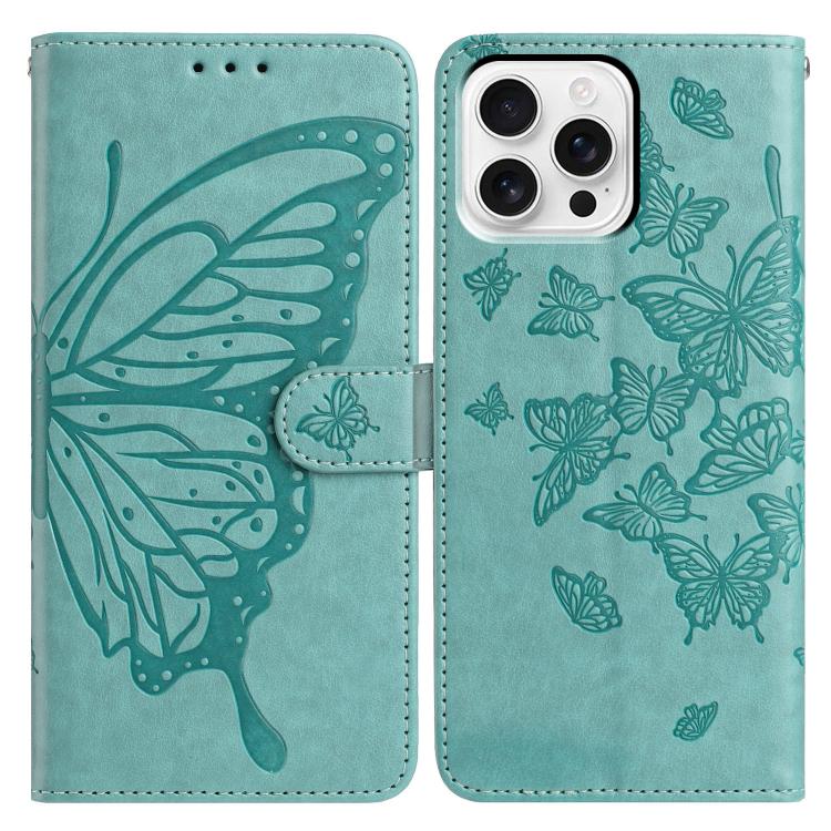 

For iPhone 16 Pro Butterfly Flutter Pattern Embossed Leather Phone Case(Green)