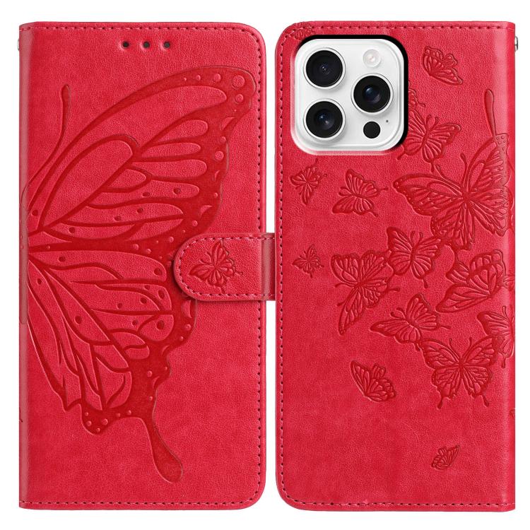 

For iPhone 16 Pro Butterfly Flutter Pattern Embossed Leather Phone Case(Red)