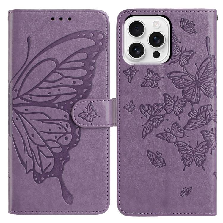 

For iPhone 16 Pro Butterfly Flutter Pattern Embossed Leather Phone Case(Purple)