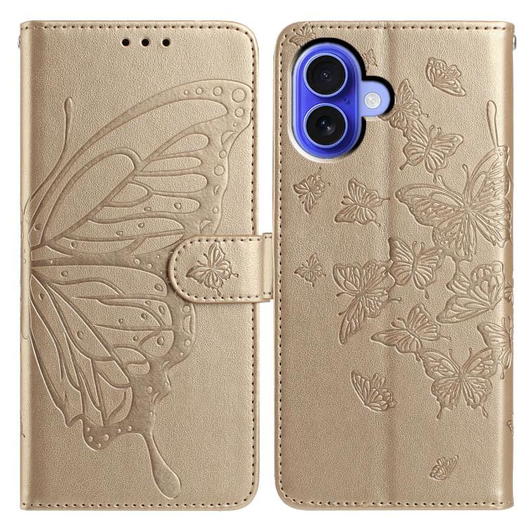 

For iPhone 16 Plus Butterfly Flutter Pattern Embossed Leather Phone Case(Gold)