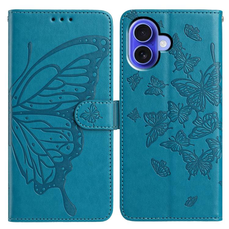

For iPhone 16 Plus Butterfly Flutter Pattern Embossed Leather Phone Case(Blue)