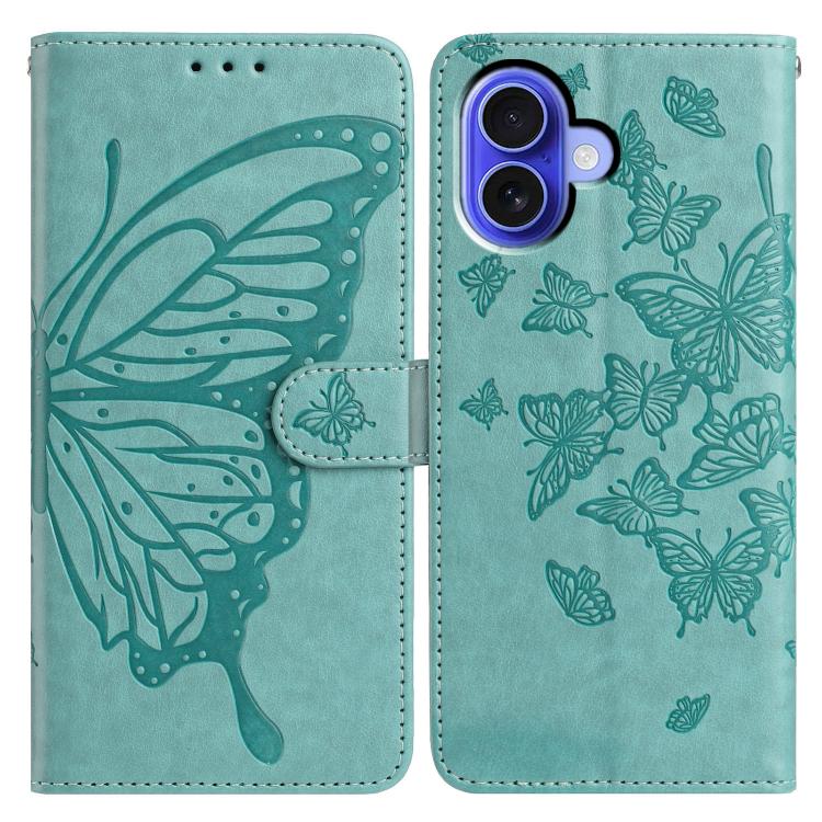 

For iPhone 16 Plus Butterfly Flutter Pattern Embossed Leather Phone Case(Green)