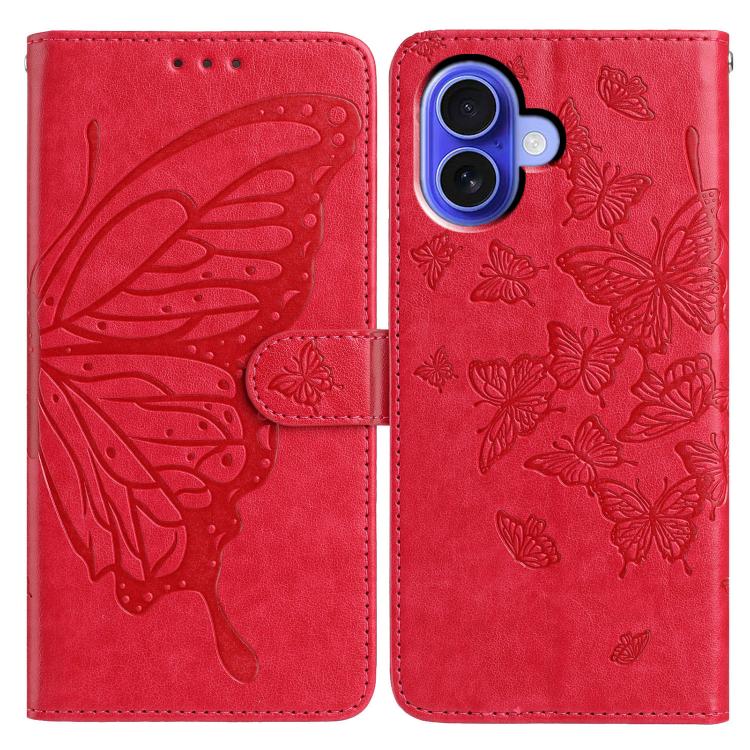 

For iPhone 16 Plus Butterfly Flutter Pattern Embossed Leather Phone Case(Red)