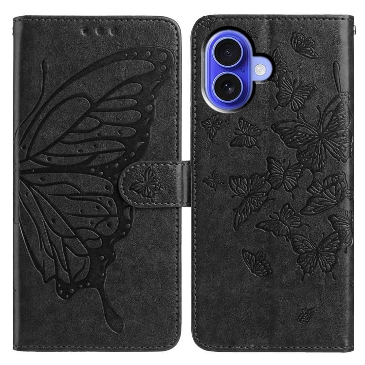 

For iPhone 16 Butterfly Flutter Pattern Embossed Leather Phone Case(Black)
