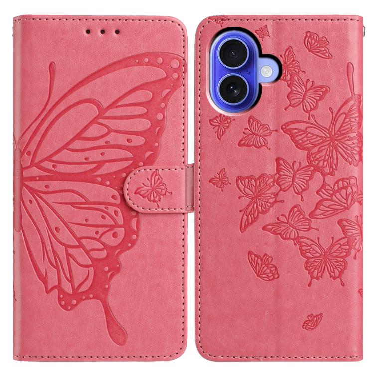 

For iPhone 16 Butterfly Flutter Pattern Embossed Leather Phone Case(Rose Red)