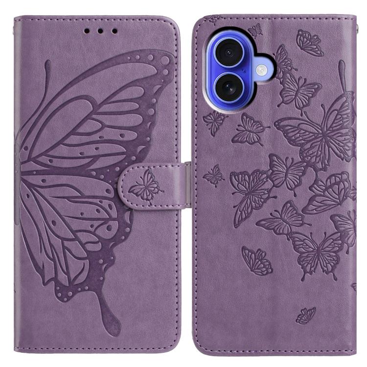 

For iPhone 16 Butterfly Flutter Pattern Embossed Leather Phone Case(Purple)