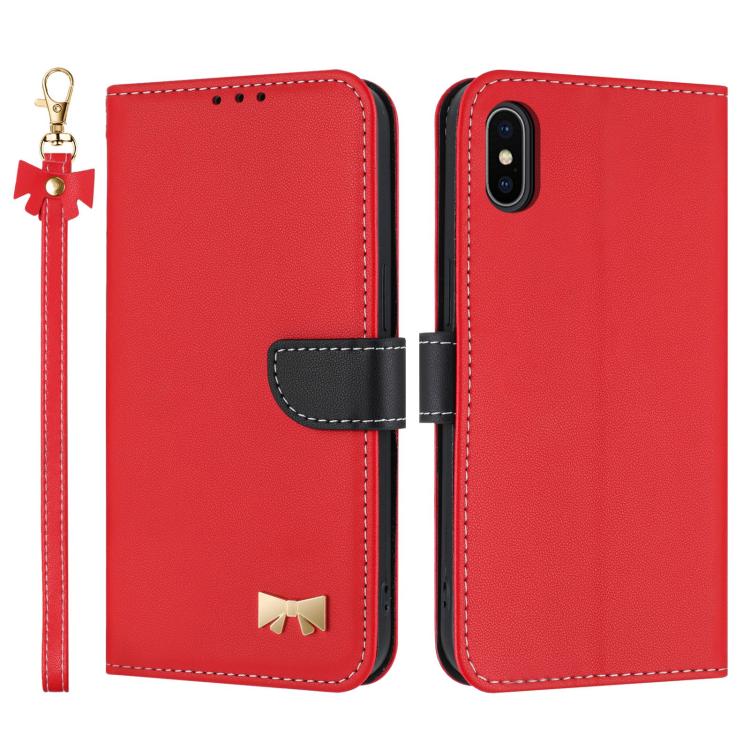 For iPhone XS Max Metal Bow Leather Phone Case with Hand Strap