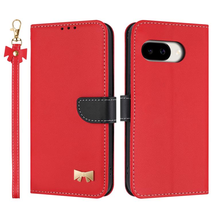

For Google Pixel 10a Metal Bow Leather Phone Case with Hand Strap(Red)