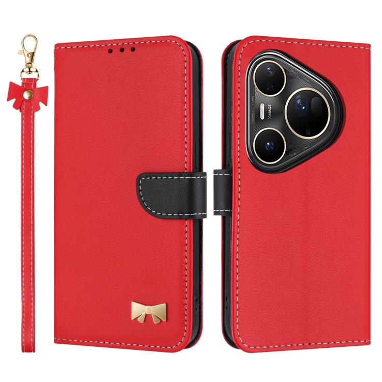 

For Huawei Pura 80 Ultra 5G Metal Bow Leather Phone Case with Hand Strap(Red)