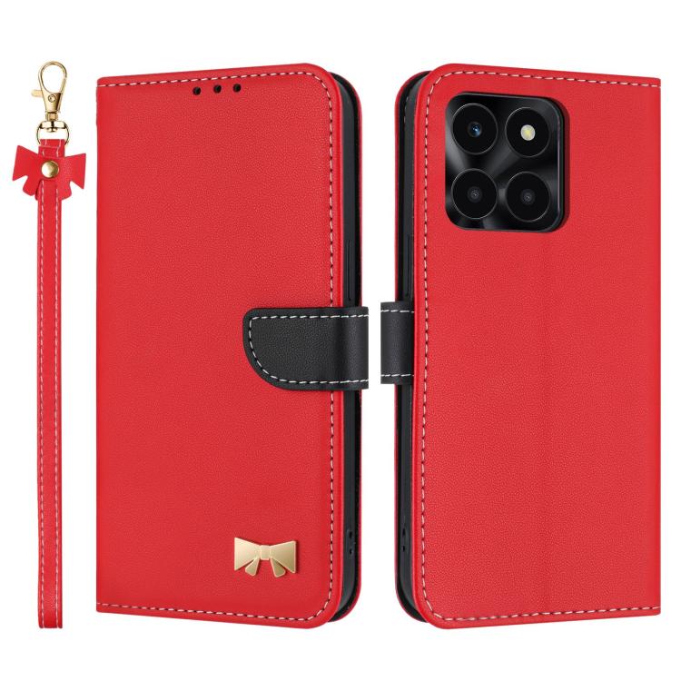 

For Honor X6c 4G Metal Bow Leather Phone Case with Hand Strap(Red)