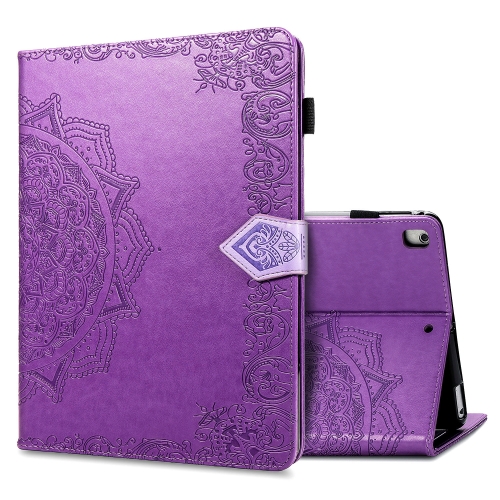 

For iPad 10.2 2021 / 2020 / 2019 Halfway Mandala Embossing Pattern Horizontal Flip PU Leather Case with Card Slots & Holder(Purple)