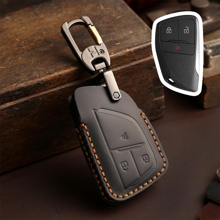

For Buick Envision Plus 2023 Hallmo Crazy Horse Cowhide Car Key Protection Cover(3-button Black)
