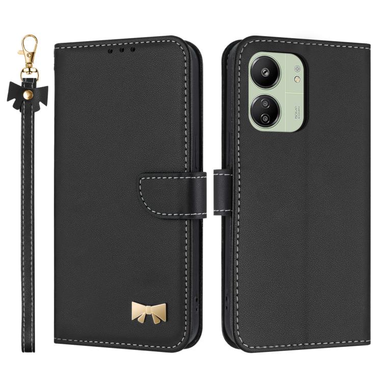 

For Redmi 13C 4G Global Metal Bow Leather Phone Case with Hand Strap(Black)