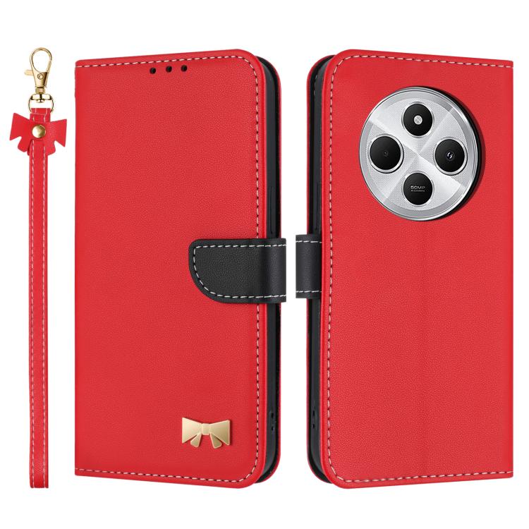 

For Redmi 14C 4G / Poco C75 Metal Bow Leather Phone Case with Hand Strap(Red)