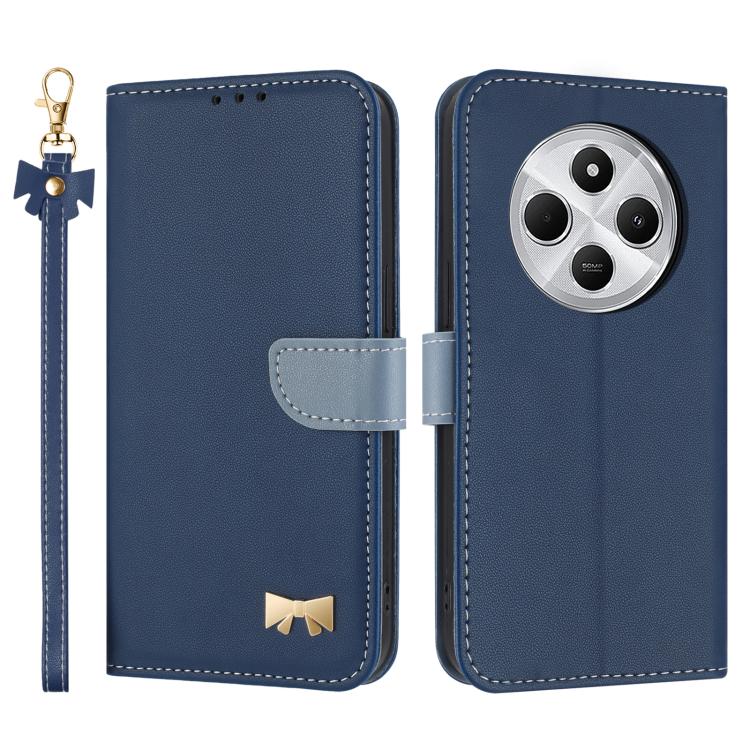 

For Redmi 14C 4G / Poco C75 Metal Bow Leather Phone Case with Hand Strap(Dark Blue)