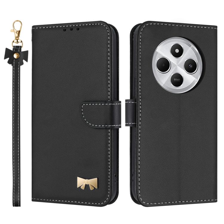 

For Redmi 14C 4G / Poco C75 Metal Bow Leather Phone Case with Hand Strap(Black)