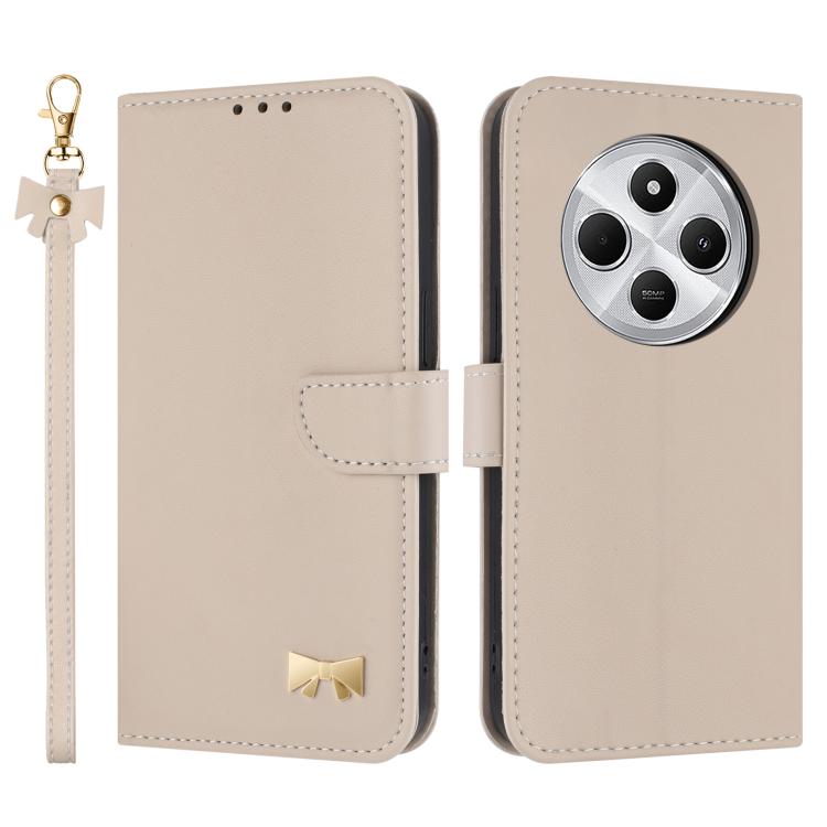

For Redmi 14C 4G / Poco C75 Metal Bow Leather Phone Case with Hand Strap(Apricot)