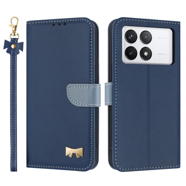 

For Redmi K70 Pro / Poco F6 Pro 5G Metal Bow Leather Phone Case with Hand Strap(Dark Blue)