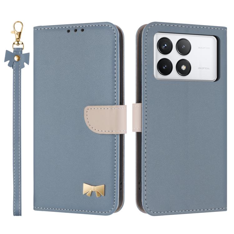 

For Redmi K70 Pro / Poco F6 Pro 5G Metal Bow Leather Phone Case with Hand Strap(Light Blue)