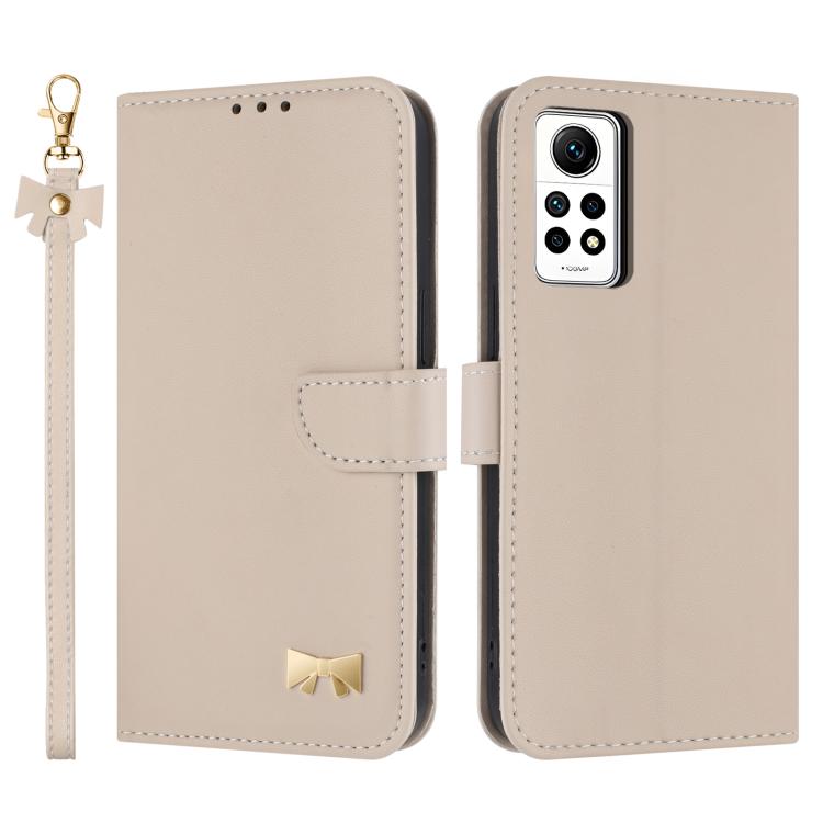 

For Redmi Note 12 Pro 4G Global Metal Bow Leather Phone Case with Hand Strap(Apricot)