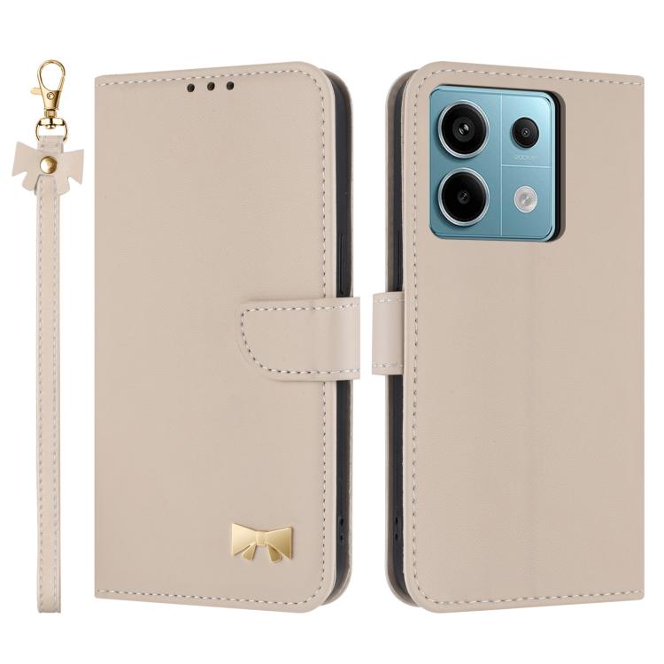 

For Redmi Note 13 Pro 5G / Poco X6 Metal Bow Leather Phone Case with Hand Strap(Apricot)