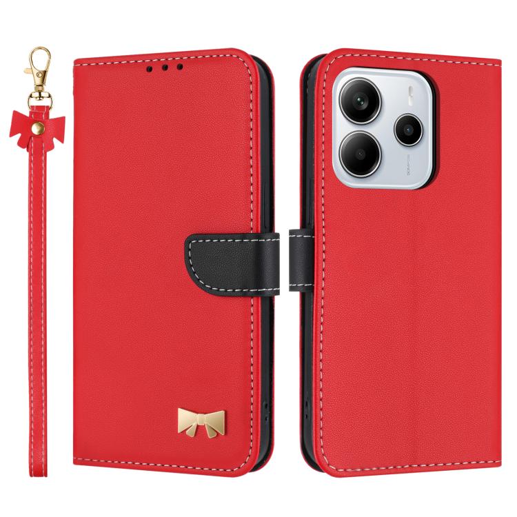 

For Redmi Note 14 4G 163.25mm Metal Bow Leather Phone Case with Hand Strap(Red)