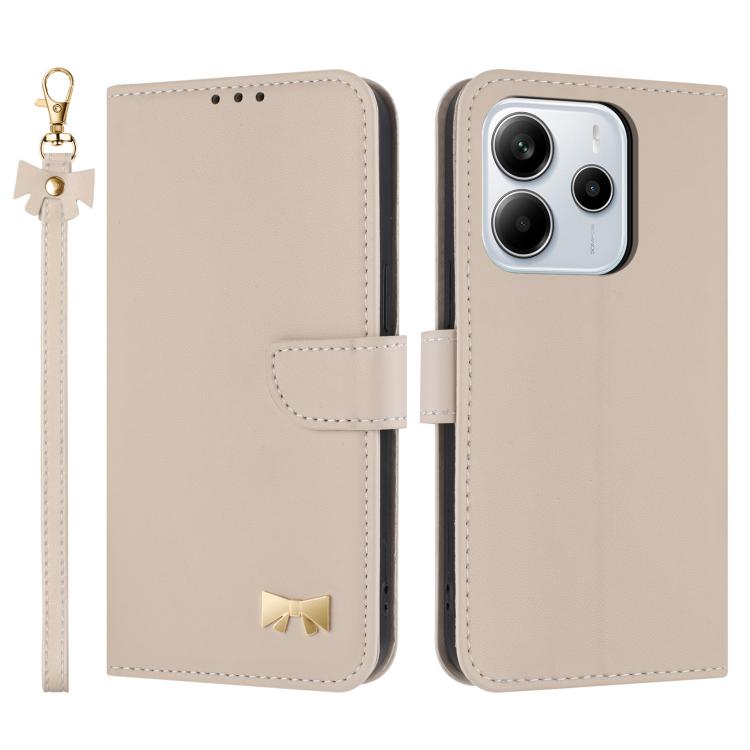 

For Redmi Note 14 4G 163.25mm Metal Bow Leather Phone Case with Hand Strap(Apricot)