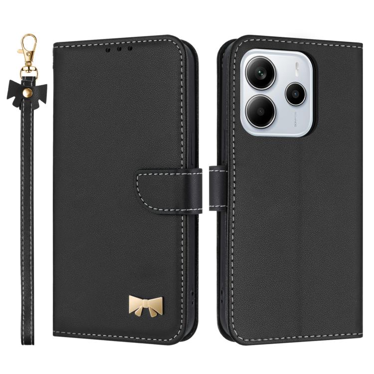 

For Redmi Note 14 4G 164.84mm Metal Bow Leather Phone Case with Hand Strap(Black)