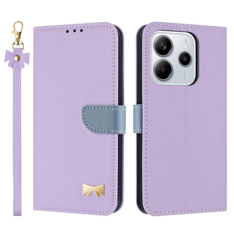 

For Redmi Note 14 4G 164.84mm Metal Bow Leather Phone Case with Hand Strap(Purple)