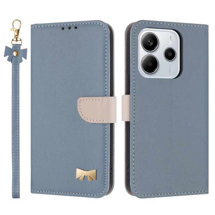 

For Redmi Note 14 5G Metal Bow Leather Phone Case with Hand Strap(Light Blue)