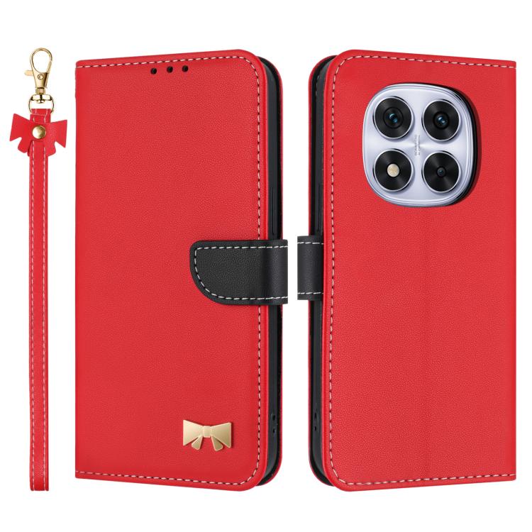 

For Redmi Note 14 Pro 4G Global Metal Bow Leather Phone Case with Hand Strap(Red)