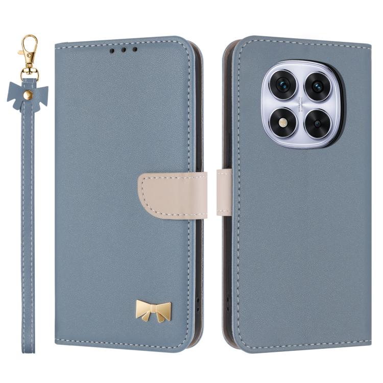 

For Redmi Note 14 Pro 4G Global Metal Bow Leather Phone Case with Hand Strap(Light Blue)