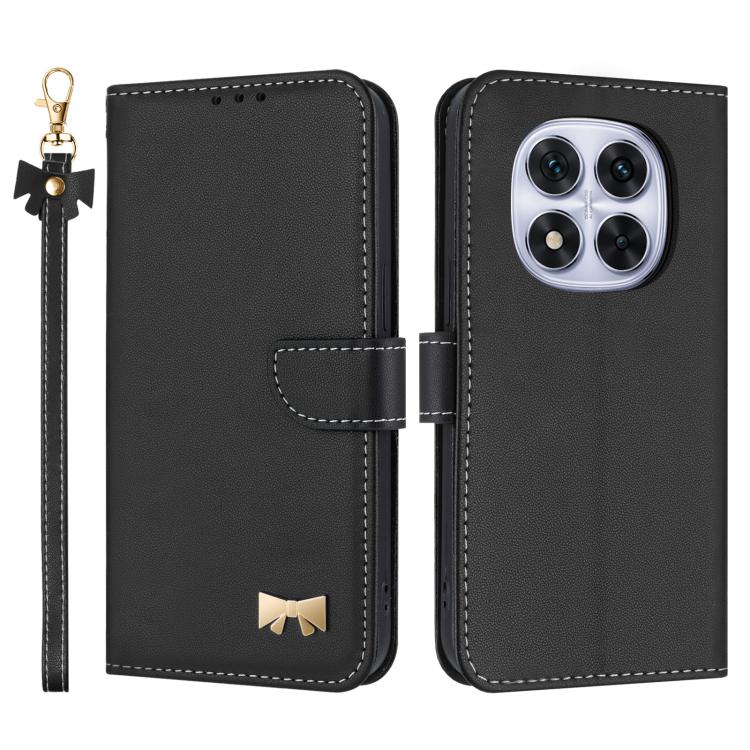 

For Redmi Note 14 Pro 5G / 14 Pro+ Metal Bow Leather Phone Case with Hand Strap(Black)