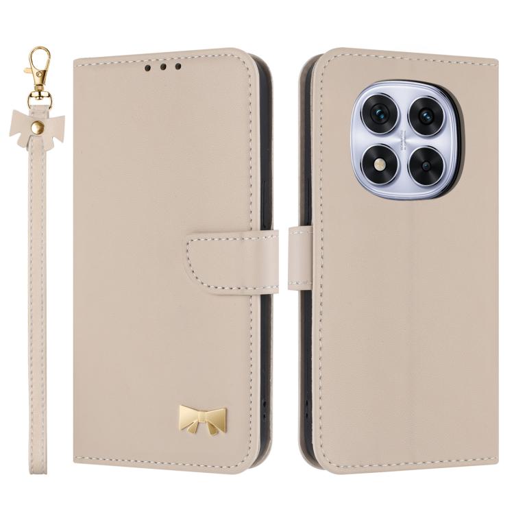 

For Redmi Note 14 Pro 5G / 14 Pro+ Metal Bow Leather Phone Case with Hand Strap(Apricot)