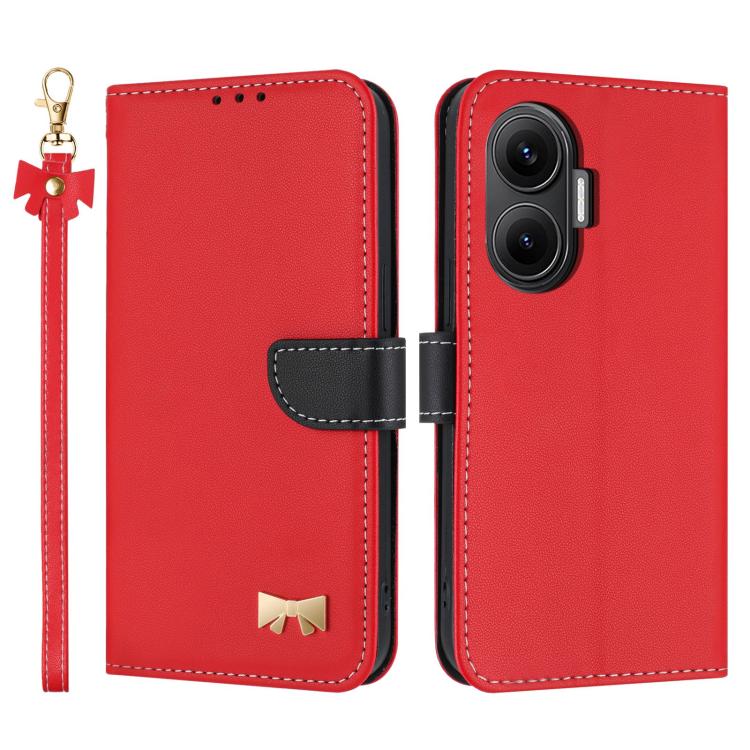 

For Redmi Turbo 4 Pro / Poco X7 Pro Metal Bow Leather Phone Case with Hand Strap(Red)