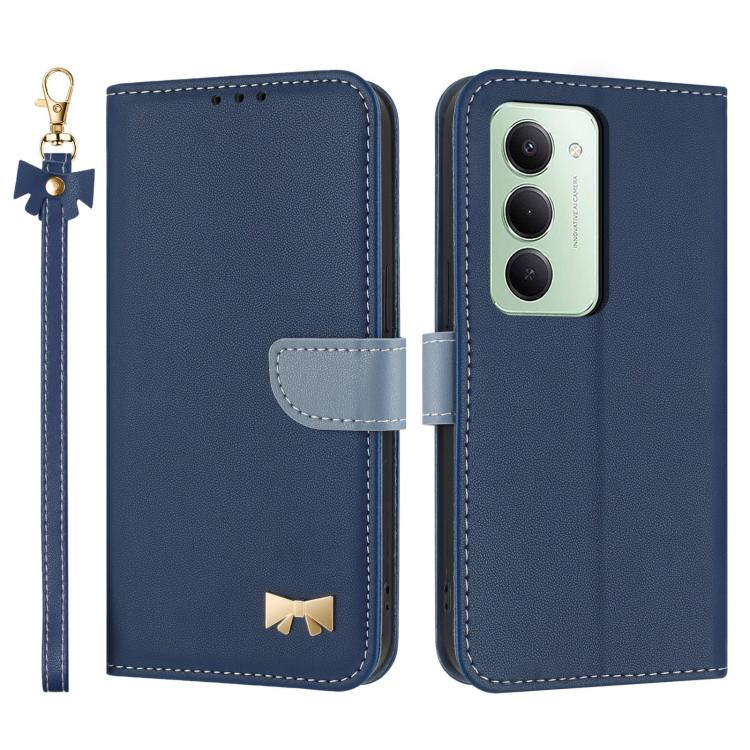 

For Redmi 15 15 5G / 4G EU 171mm Metal Bow Leather Phone Case with Hand Strap(Dark Blue)